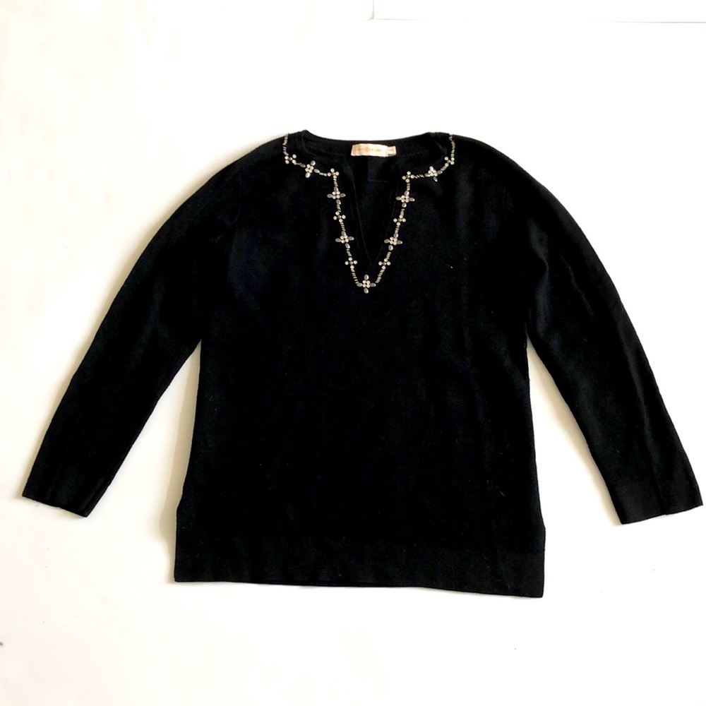 Tory Burch M Sweater Black V-neck jewel wool knit split hem Excellent Condition